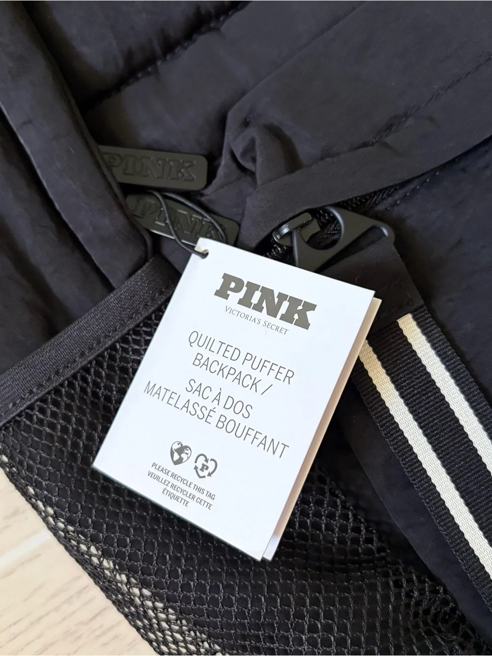 PINK Victoria's Secret Black Quilted Puffer Backpack with Stripe Accent